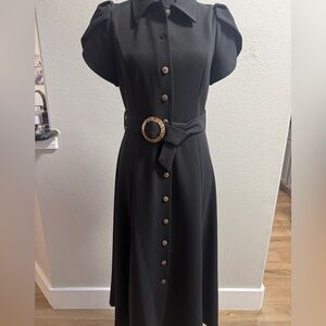 Calvin Klein | Button-Front Midi Dress | Puff Sleeves & Belted Waist | Size 6